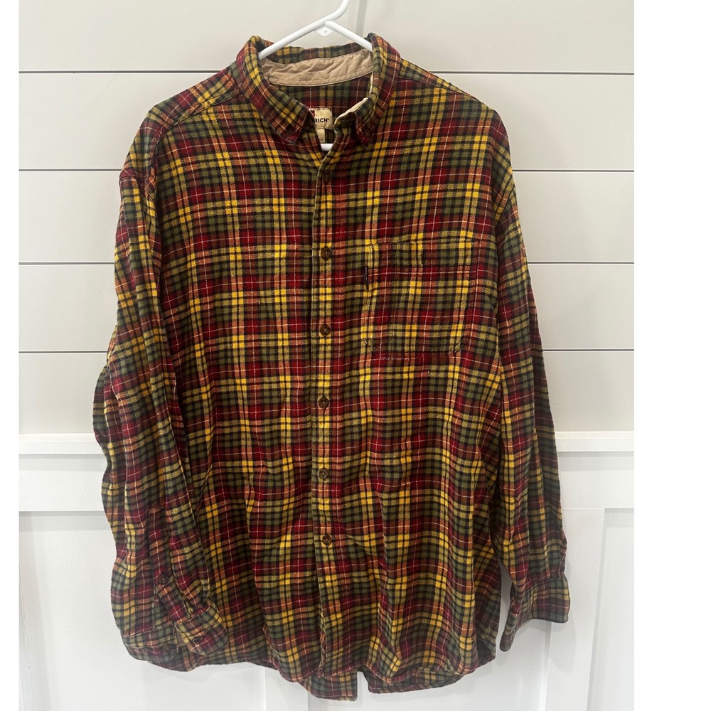 Woolrich Mens Large Plaid Flannel Shirt Red Yellow Green 100% Cotton 6004